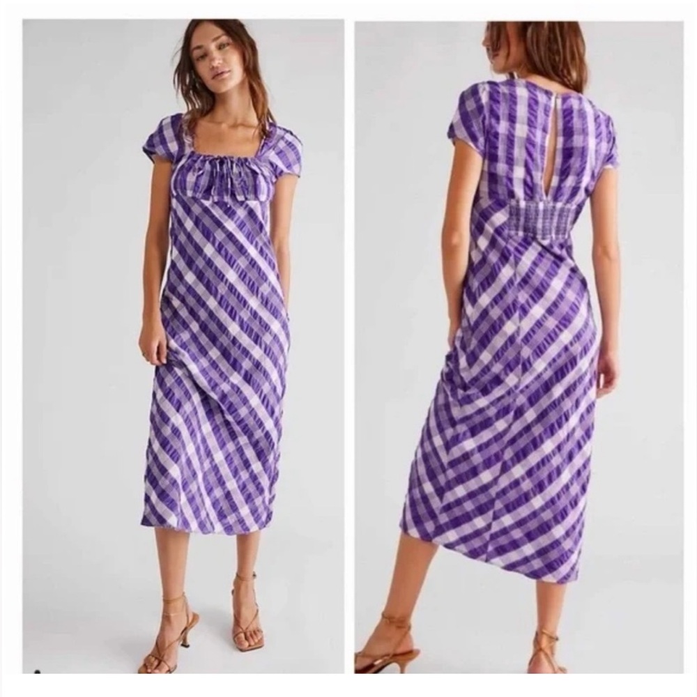 Free People Natalya Purple White Plaid Gathered Bust Midi dress